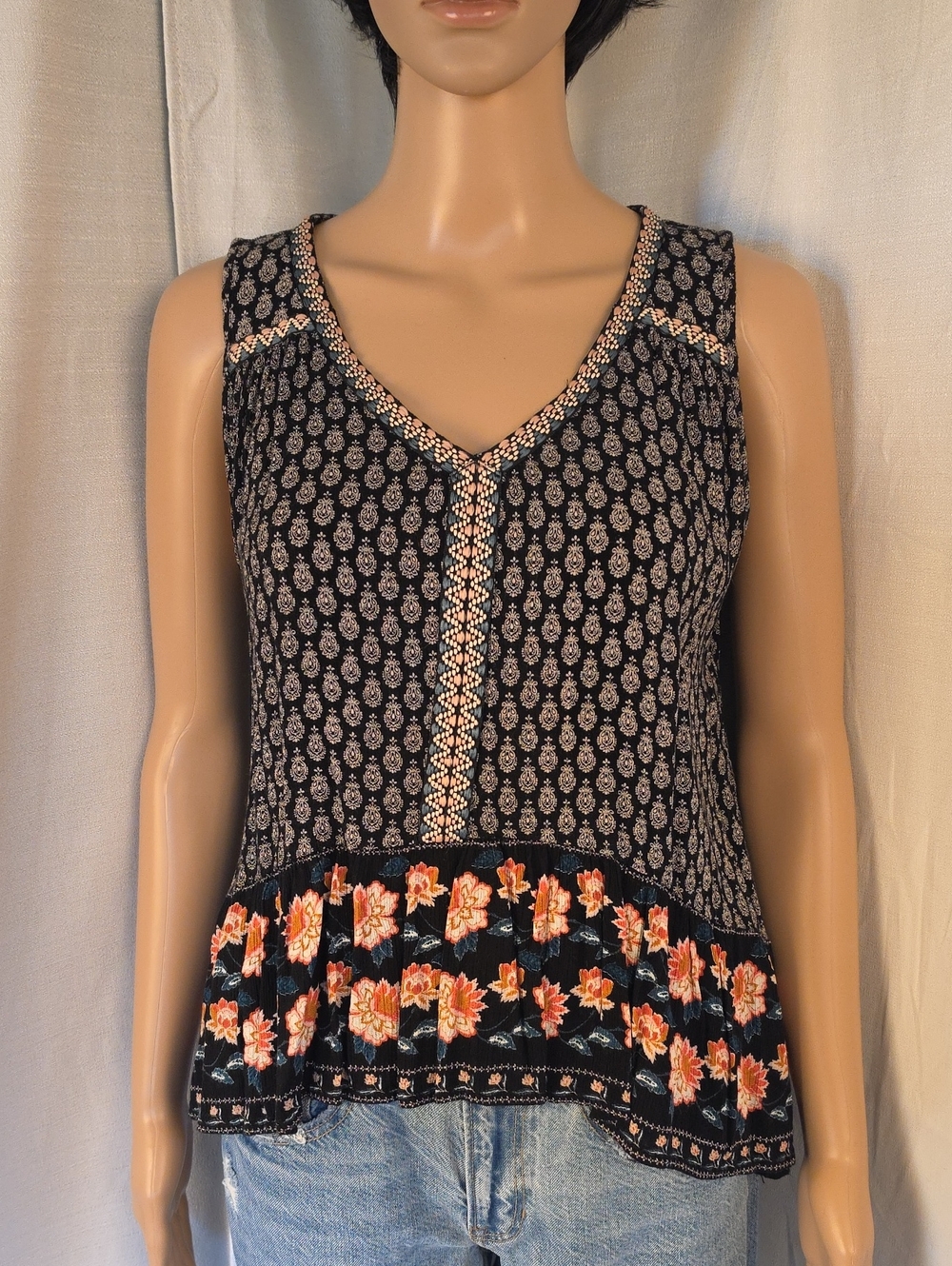 Patrons of Peace Navy Tank with Coral Floral Hem Trim